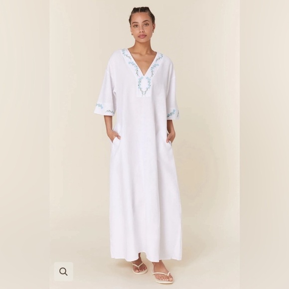 Fanm Mon Women’s Kaftan Style white LINEN Dress w/embroidered trim maxi NWT XS - Picture 1 of 11